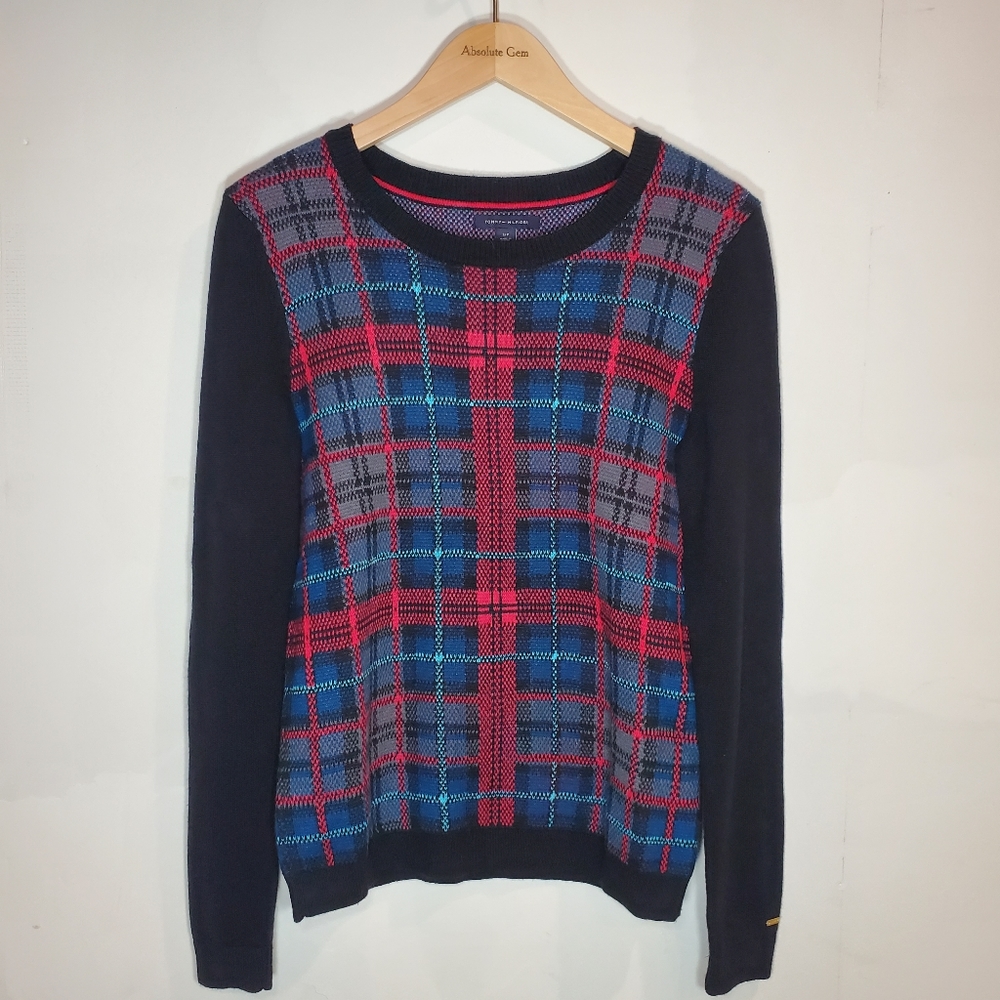 Tommy Hilfiger red blue black gray plaid crew neck pullover knit sweater small